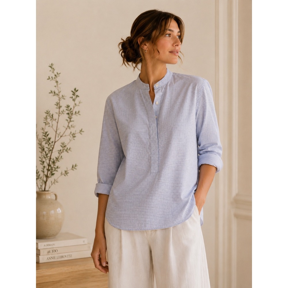 Ann Mashburn Popover Tunic Women Size M Blue Pinstripe Cotton Band Collar Top